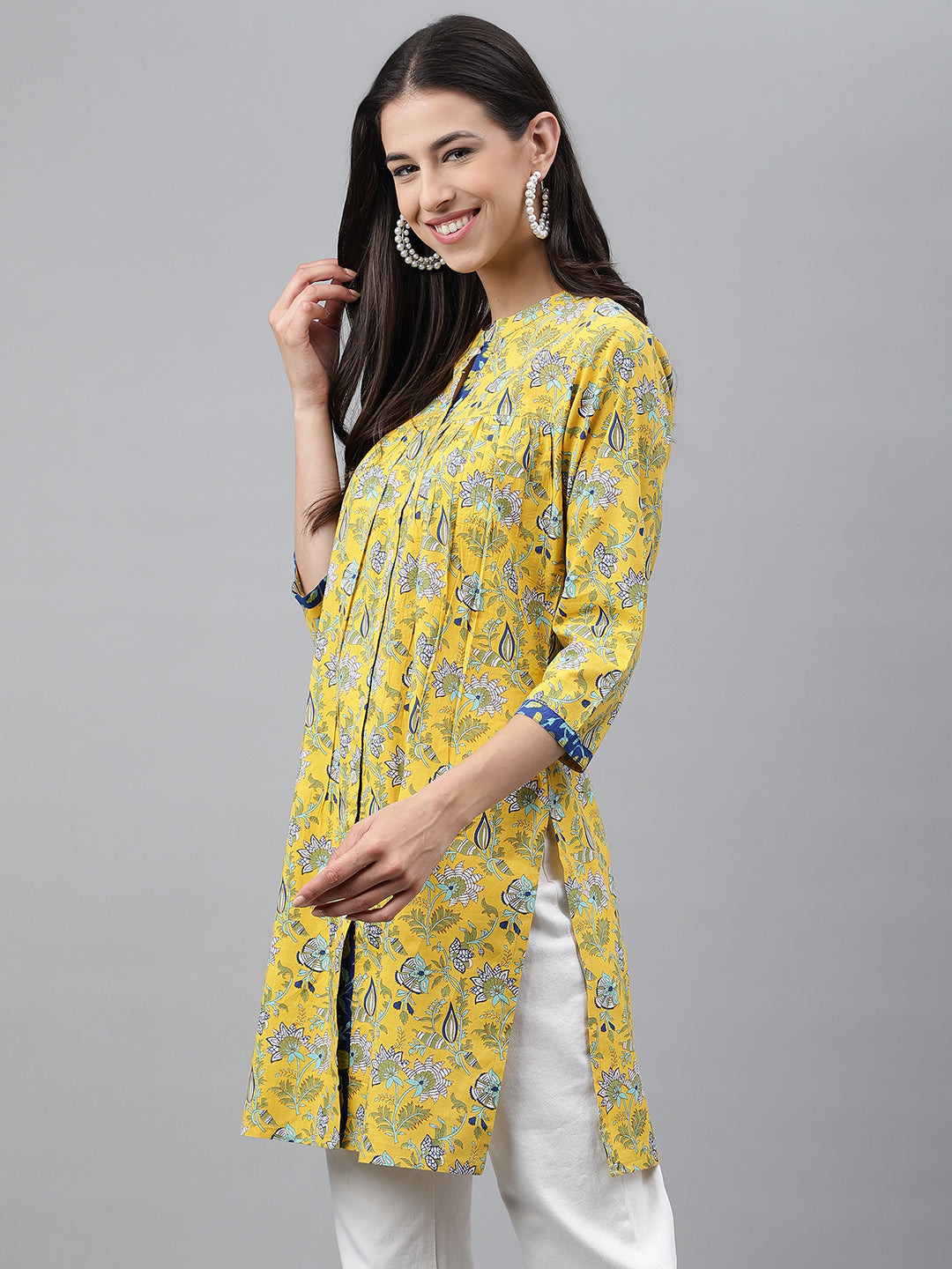 Janasya Women's Yellow Cotton Floral Print Casual Empire Tunic - Distacart