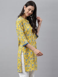Thumbnail for Janasya Women's Yellow Cotton Floral Print Casual Empire Tunic - Distacart
