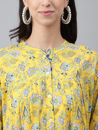 Thumbnail for Janasya Women's Yellow Cotton Floral Print Casual Empire Tunic - Distacart