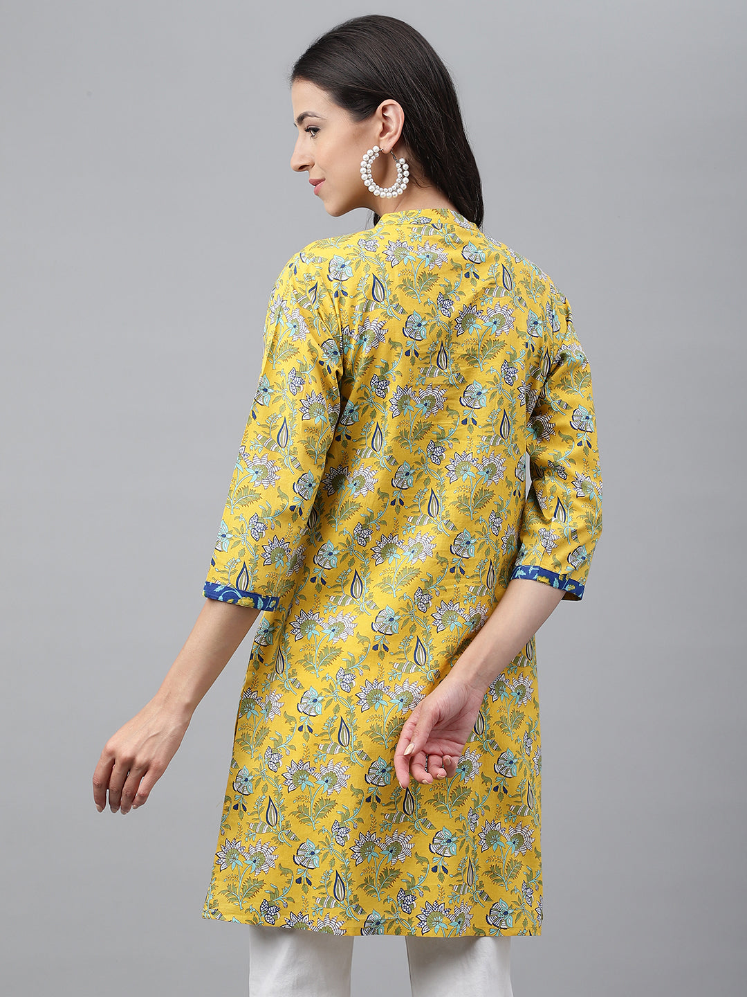 Janasya Women's Yellow Cotton Floral Print Casual Empire Tunic - Distacart