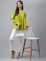 Thumbnail for Janasya Women's Lime Green Cotton Schiffli Casual Flared Top - Distacart