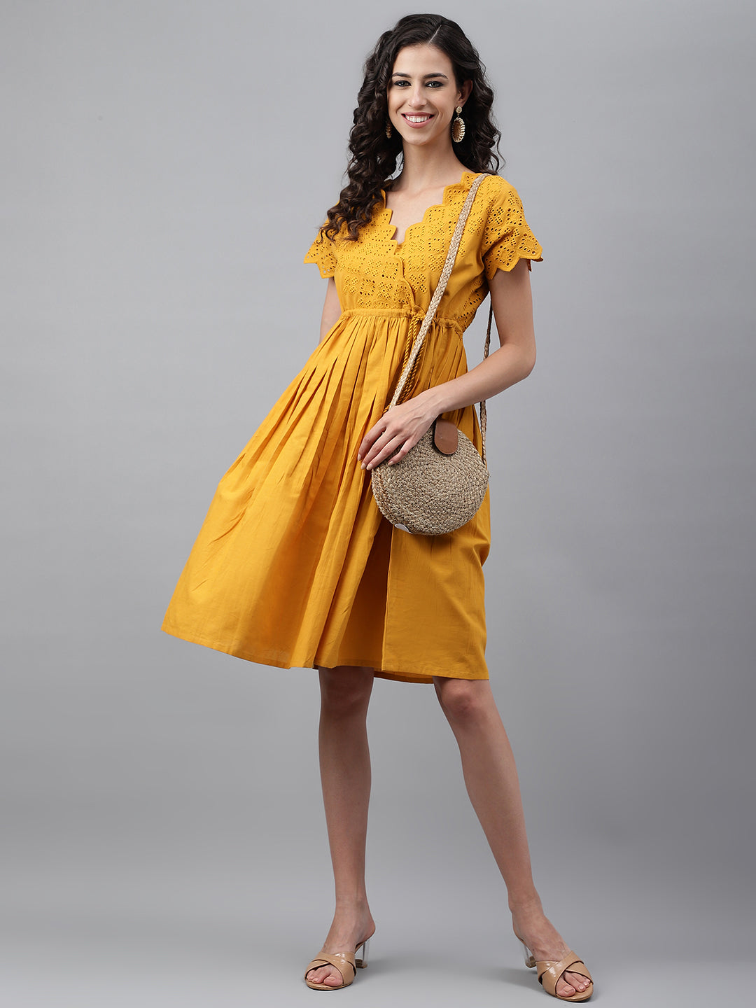 Janasya Women's Yellow Cotton Schiffli Flared Casual Dress - Distacart