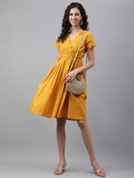 Thumbnail for Janasya Women's Yellow Cotton Schiffli Flared Casual Dress - Distacart