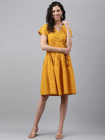 Thumbnail for Janasya Women's Yellow Cotton Schiffli Flared Casual Dress - Distacart