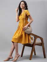 Thumbnail for Janasya Women's Yellow Cotton Schiffli Flared Casual Dress - Distacart