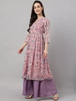 Thumbnail for Janasya Women's Pink Chiffon Lurex Floral Printed Casual Flared Kurta - Distacart