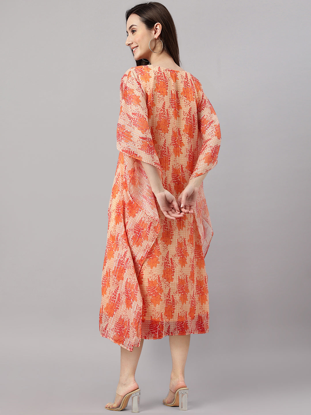 Janasya Women's Orange Chiffon Lurex Floral Printed Casual Kaftan Kurta - Distacart