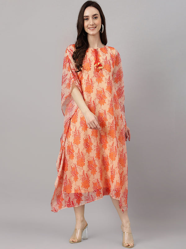 Janasya Women's Orange Chiffon Lurex Floral Printed Casual Kaftan Kurta - Distacart