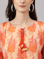 Thumbnail for Janasya Women's Orange Chiffon Lurex Floral Printed Casual Kaftan Kurta - Distacart