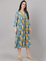 Thumbnail for Janasya Women's Yellow Chiffon Lurex Floral Printed Flared Casual Dress - Distacart