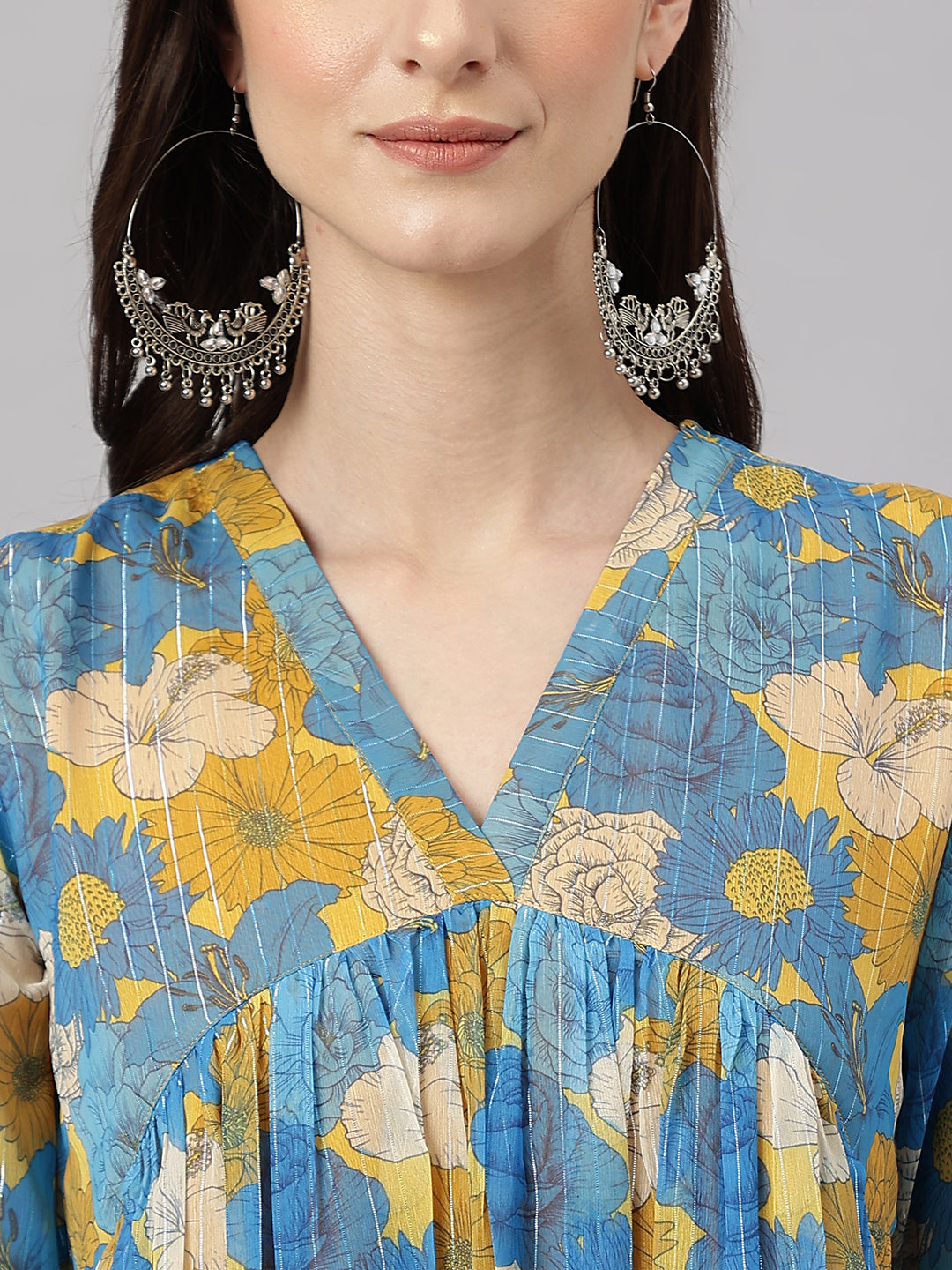 Janasya Women's Yellow Chiffon Lurex Floral Printed Casual flared Kurta - Distacart