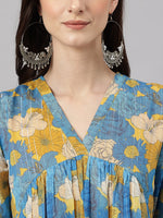 Thumbnail for Janasya Women's Yellow Chiffon Lurex Floral Printed Casual flared Kurta - Distacart