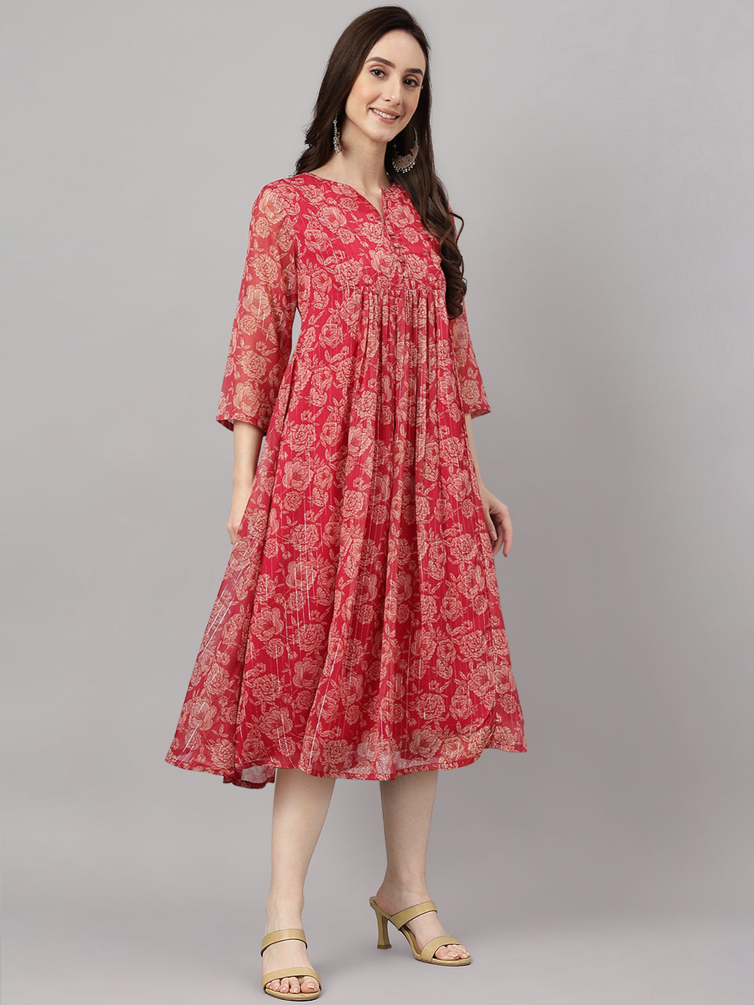 Janasya Women's Dark Pink Chiffon Lurex Floral Printed Flared Casual Dress - Distacart