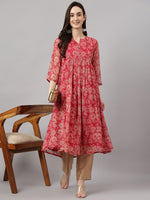 Thumbnail for Janasya Women's Dark Pink Chiffon Lurex Floral Printed Casual flared Kurta - Distacart