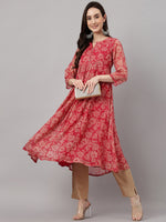 Thumbnail for Janasya Women's Dark Pink Chiffon Lurex Floral Printed Casual flared Kurta - Distacart