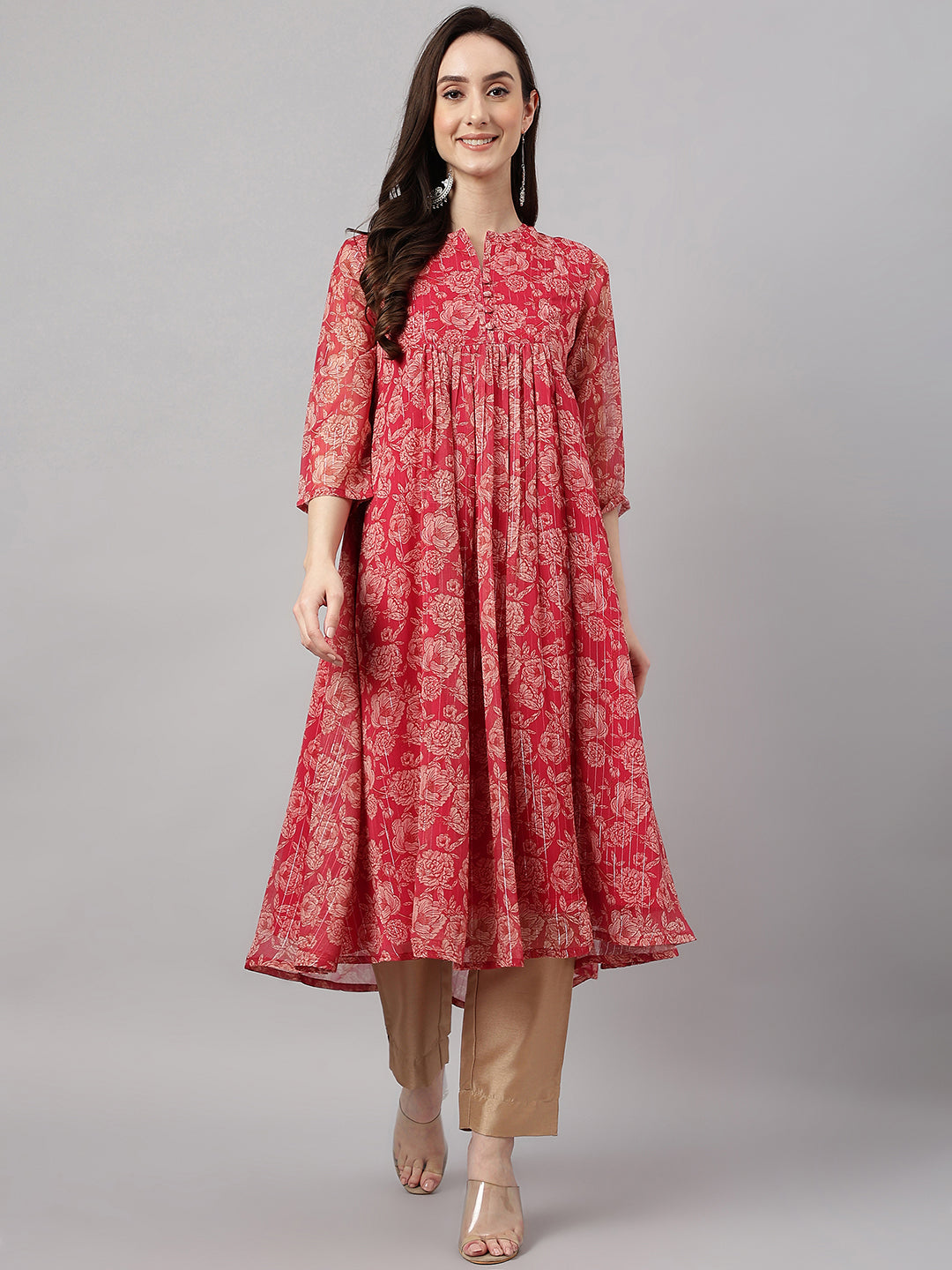 Janasya Women's Dark Pink Chiffon Lurex Floral Printed Casual flared Kurta - Distacart