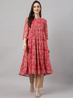 Thumbnail for Janasya Women's Dark Pink Chiffon Lurex Floral Printed Casual flared Kurta - Distacart