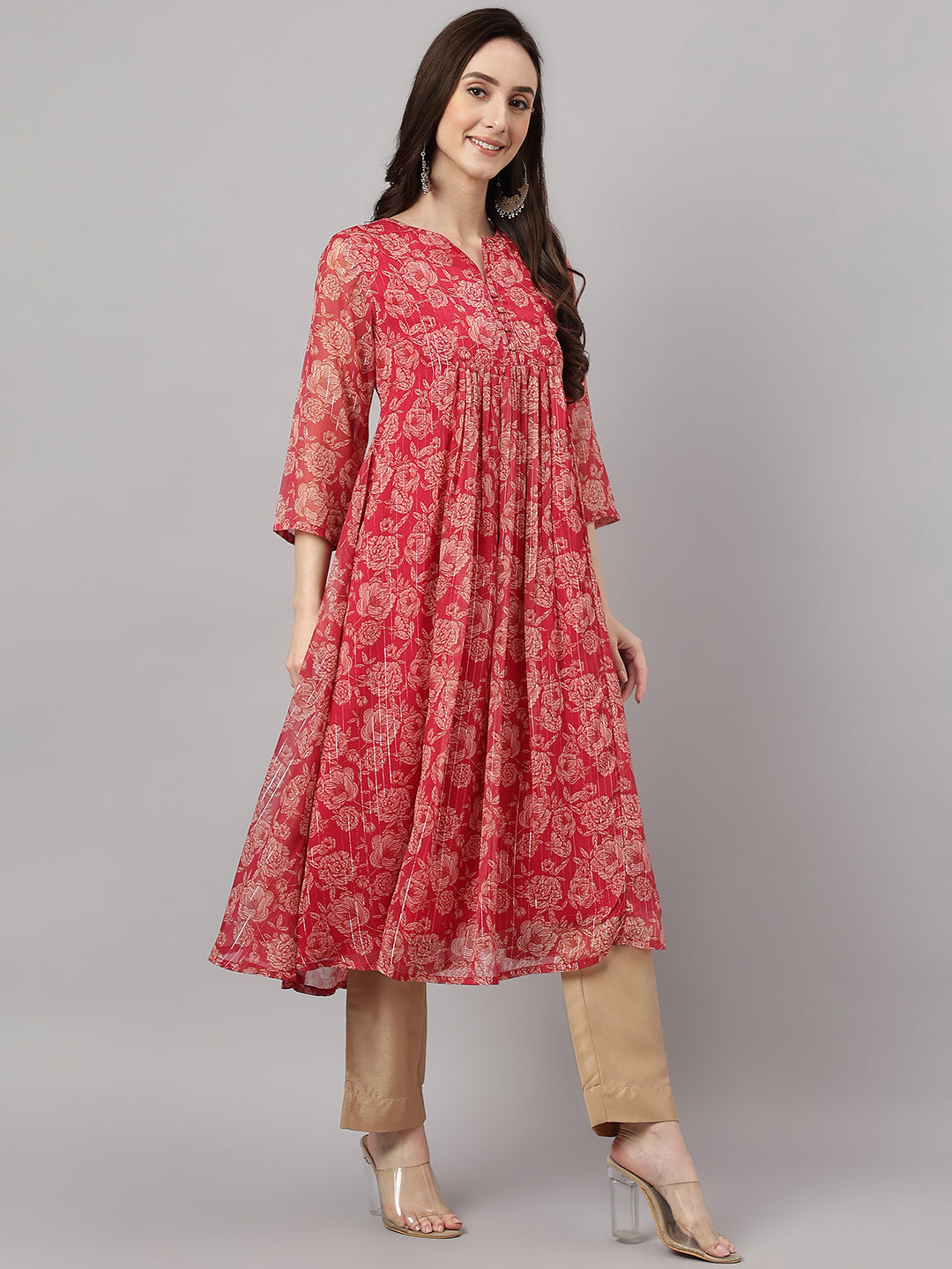 Janasya Women's Dark Pink Chiffon Lurex Floral Printed Casual flared Kurta - Distacart