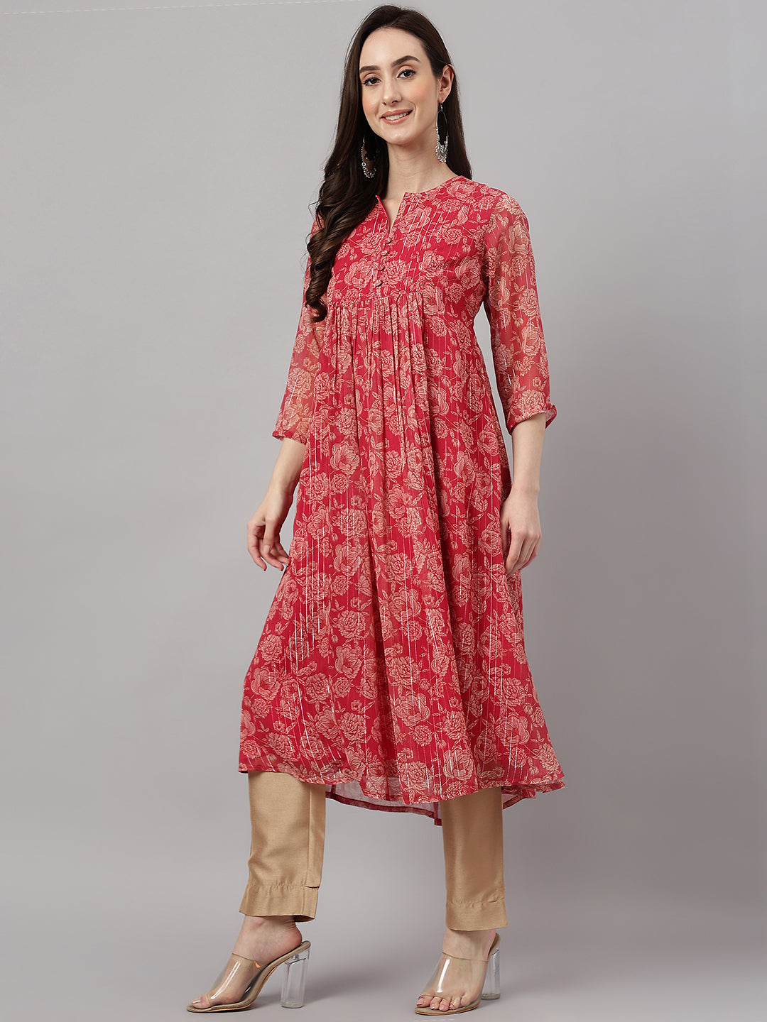 Janasya Women's Dark Pink Chiffon Lurex Floral Printed Casual flared Kurta - Distacart
