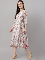 Thumbnail for Janasya Women's White Chiffon Lurex Floral Printed Flared Casual Dress - Distacart