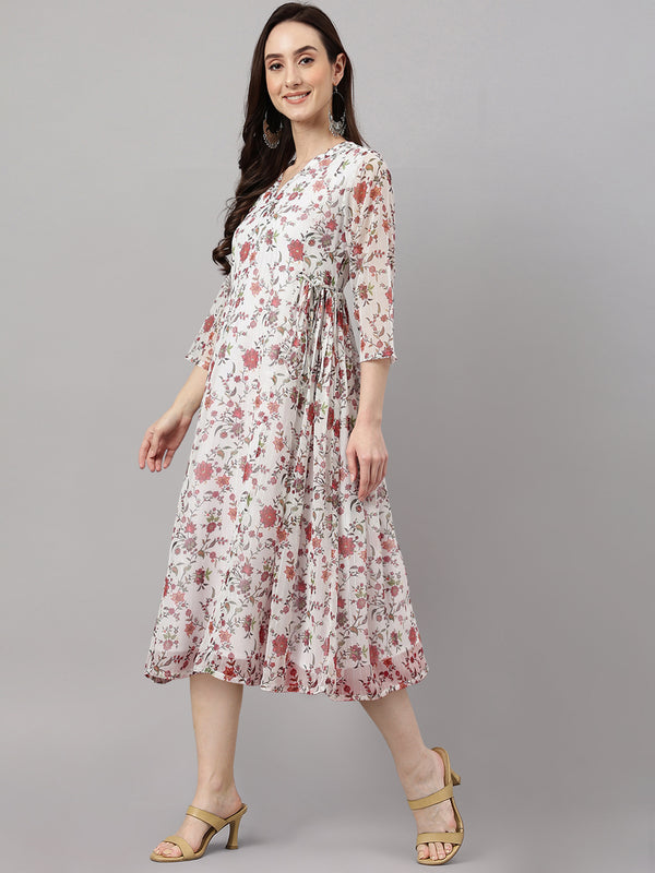 Janasya Women's White Chiffon Lurex Floral Printed Flared Casual Dress - Distacart