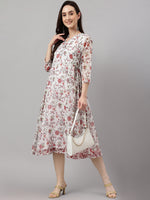 Thumbnail for Janasya Women's White Chiffon Lurex Floral Printed Flared Casual Dress - Distacart