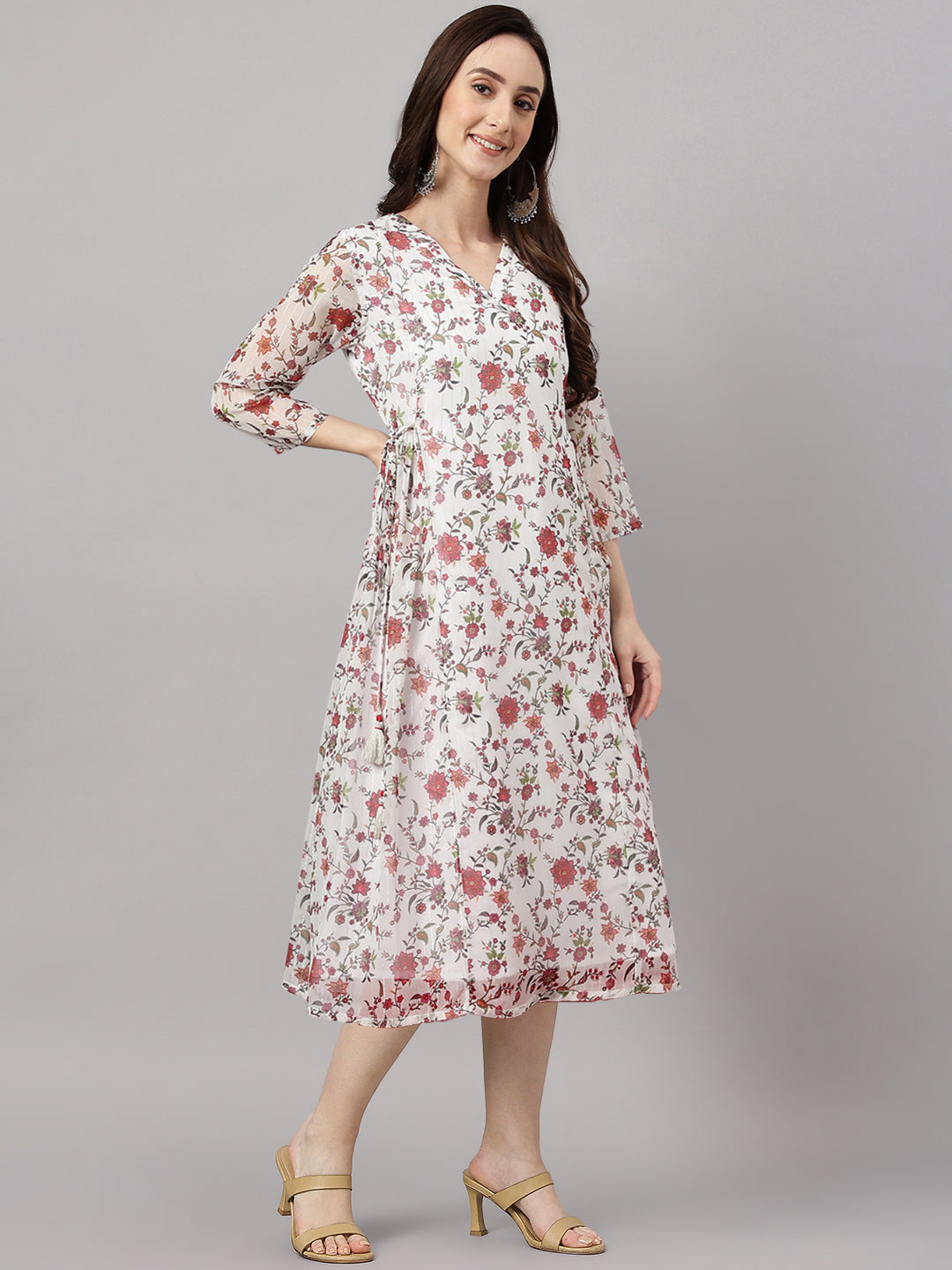 Janasya Women's White Chiffon Lurex Floral Printed Flared Casual Dress - Distacart