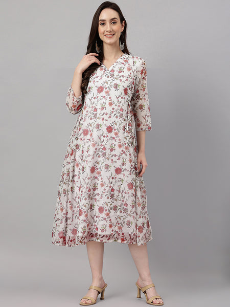 Janasya Women's White Chiffon Lurex Floral Printed Flared Casual Dress - Distacart