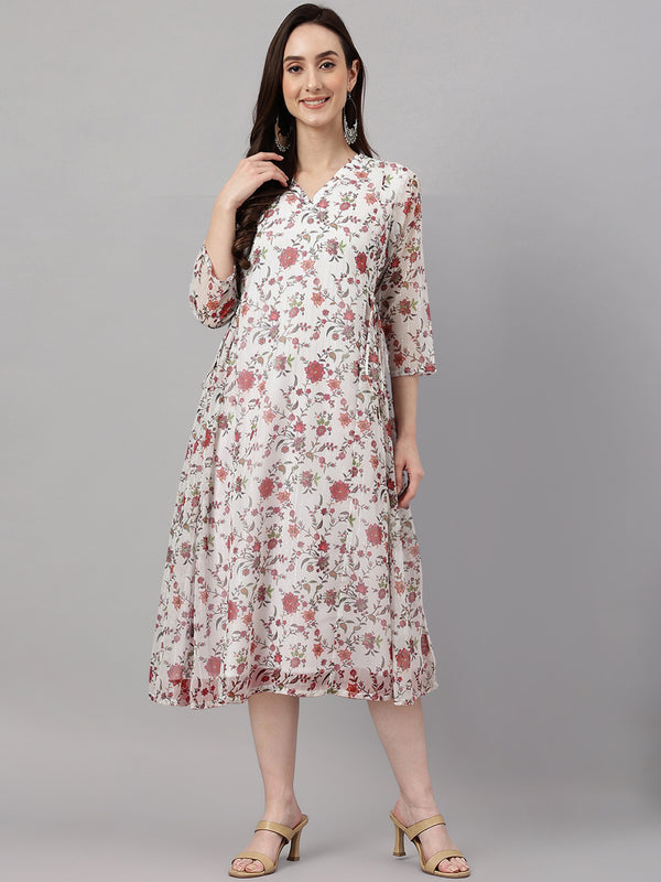 Janasya Women's Orange Chiffon Lurex Floral Printed Kaftan Casual Dress - Distacart