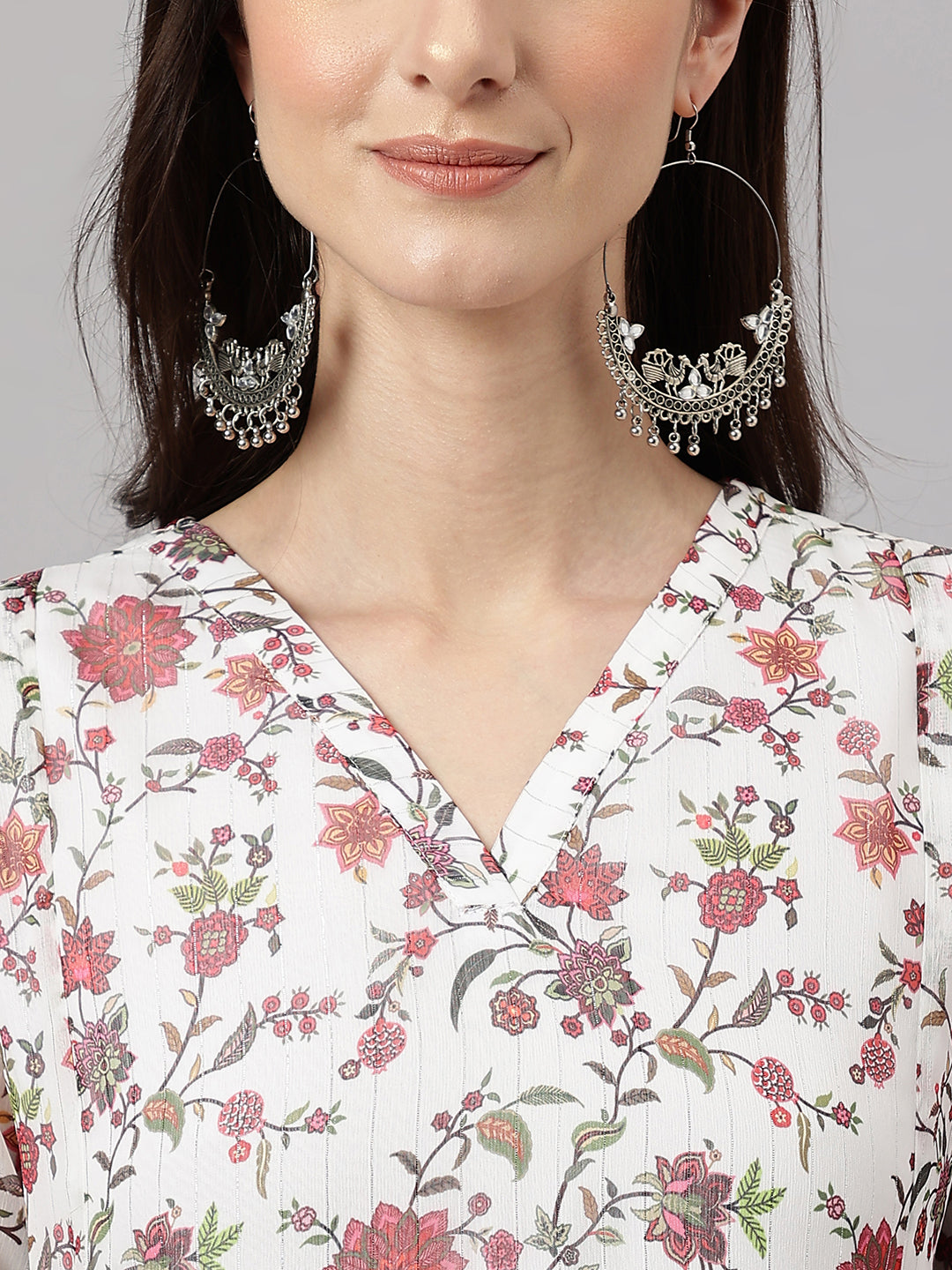 Janasya Women's White Chiffon Lurex Floral Printed Flared Casual Dress - Distacart