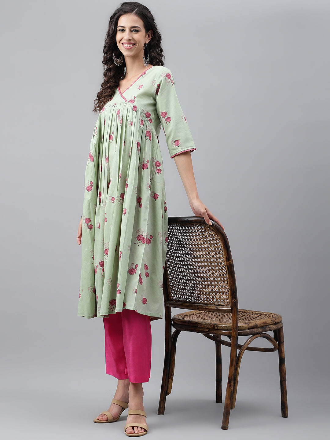 Janasya Women's Light Green Cotton Floral Printed Casual Flared Kurta - Distacart