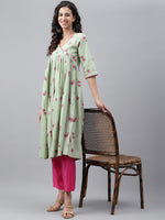 Thumbnail for Janasya Women's Light Green Cotton Floral Printed Casual Flared Kurta - Distacart