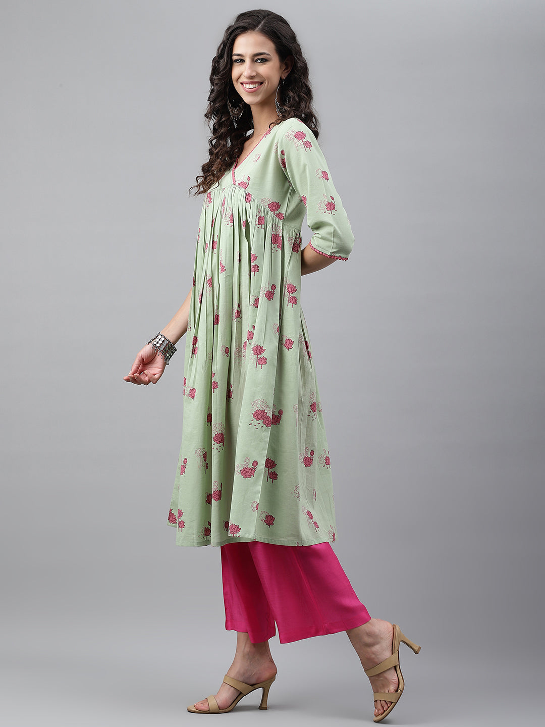 Janasya Women's Light Green Cotton Floral Printed Casual Flared Kurta - Distacart