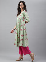 Thumbnail for Janasya Women's Light Green Cotton Floral Printed Casual Flared Kurta - Distacart
