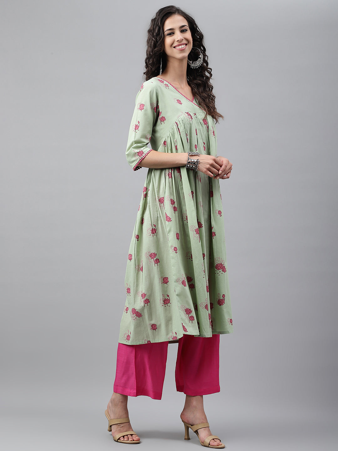 Janasya Women's Light Green Cotton Floral Printed Casual Flared Kurta - Distacart