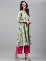 Thumbnail for Janasya Women's Light Green Cotton Floral Printed Casual Flared Kurta - Distacart