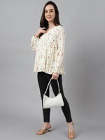 Thumbnail for Janasya Women's Off White Cambric Cotton Floral Print Gathered Top - Distacart
