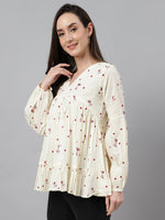 Thumbnail for Janasya Women's Off White Cambric Cotton Floral Print Gathered Top - Distacart