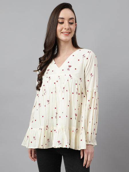 Janasya Women's Off White Cambric Cotton Floral Print Gathered Top - Distacart