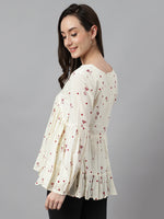 Thumbnail for Janasya Women's Off White Cambric Cotton Floral Print Gathered Top - Distacart