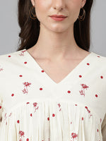 Thumbnail for Janasya Women's Off White Cambric Cotton Floral Print Gathered Top - Distacart