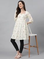 Thumbnail for Janasya Women's Off White Cambric Cotton Botanical Print Flared Tunic - Distacart