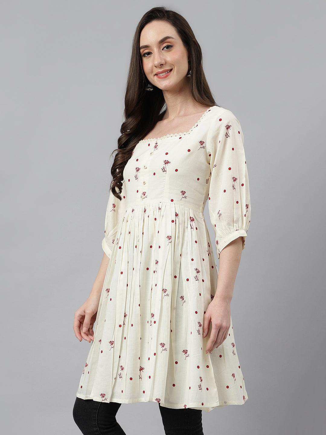 Janasya Women's Off White Cambric Cotton Botanical Print Flared Tunic - Distacart