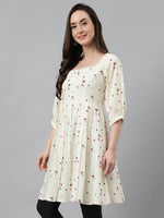 Thumbnail for Janasya Women's Off White Cambric Cotton Botanical Print Flared Tunic - Distacart