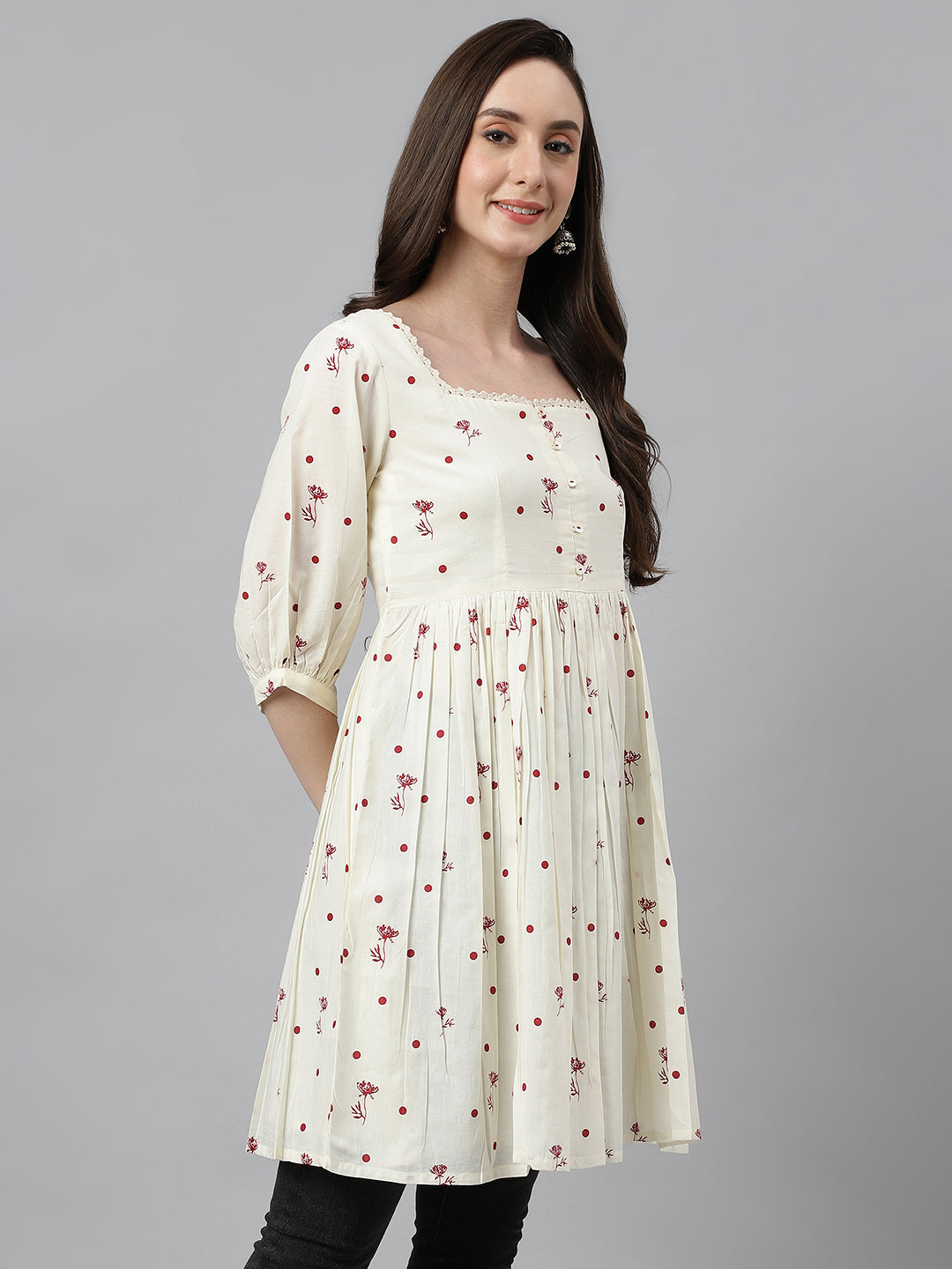 Janasya Women's Off White Cambric Cotton Botanical Print Flared Tunic - Distacart