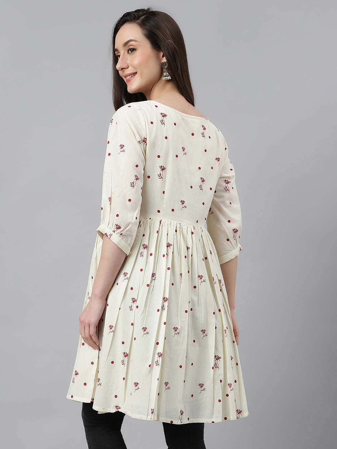 Janasya Women's Off White Cambric Cotton Botanical Print Flared Tunic - Distacart