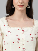 Thumbnail for Janasya Women's Off White Cambric Cotton Botanical Print Flared Tunic - Distacart