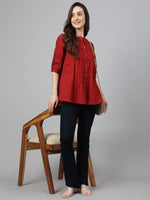 Thumbnail for Janasya Women's Maroon Cotton Dobby Solid Flared Top - Distacart