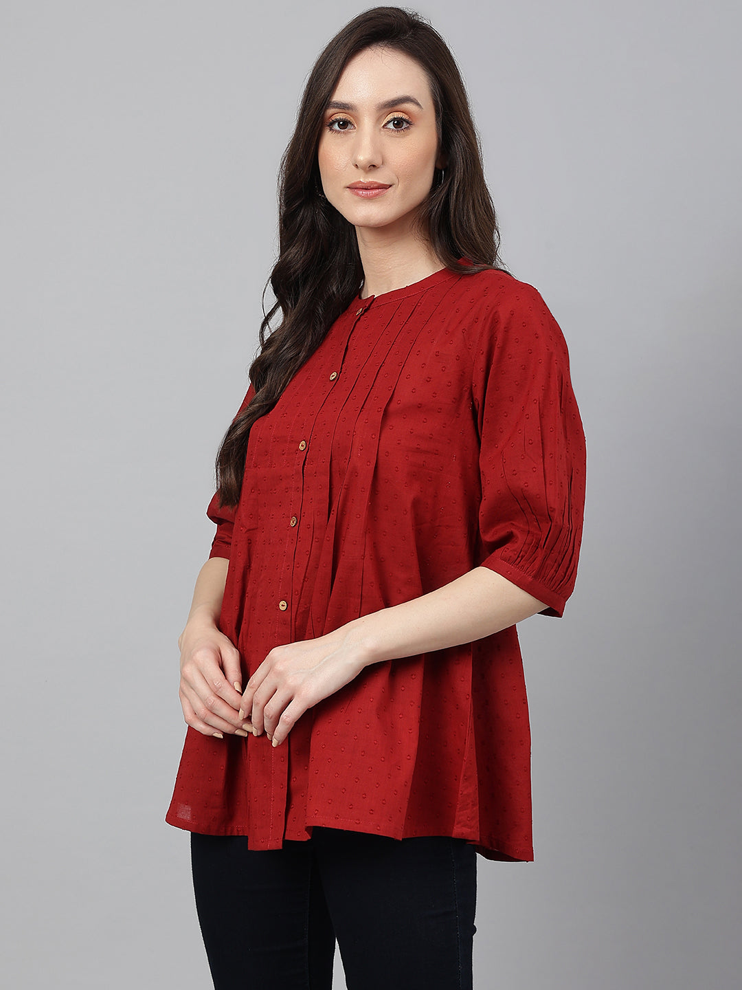 Janasya Women's Maroon Cotton Dobby Solid Flared Top - Distacart