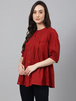 Thumbnail for Janasya Women's Maroon Cotton Dobby Solid Flared Top - Distacart